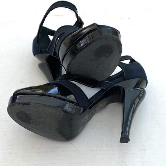 Chanel Black Patent Blue Fabric Platform Heels Size 38 US 7.5 - Picture 8 of 8